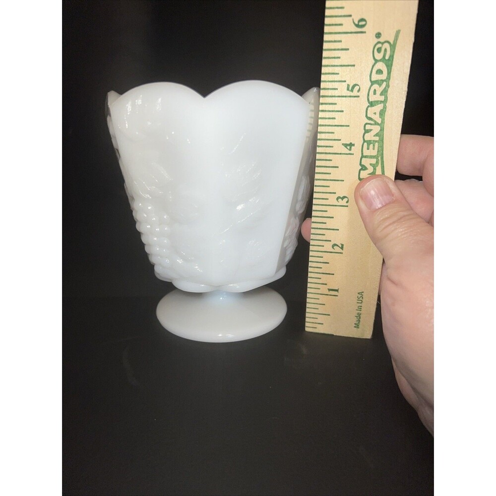 VINTAGE WHITE MILK GLASS PEDESTAL VASE GRAPE PATTERN EO Brody MU-20 Made USA